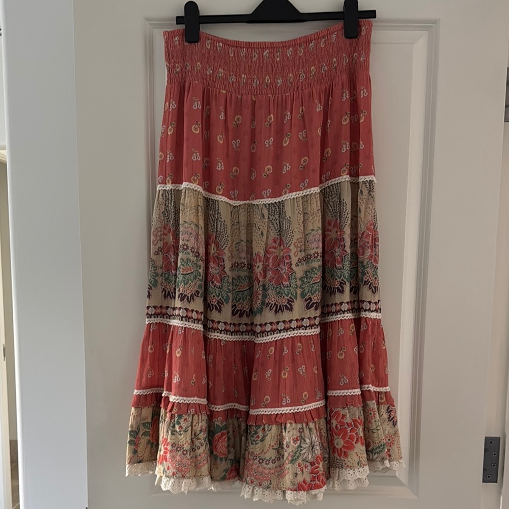 Pink and Tan Smocked Tiered Maxi Skirt
